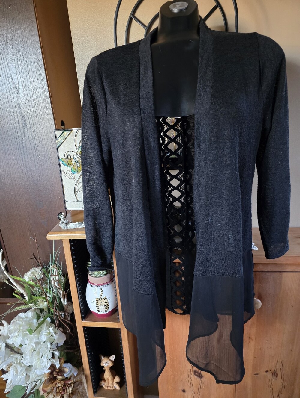 Black Mixed Media Open-Front Women's Lightweight Cardigan with Sheer Hem
